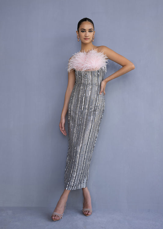 Beaded Dress With Feather Detailing