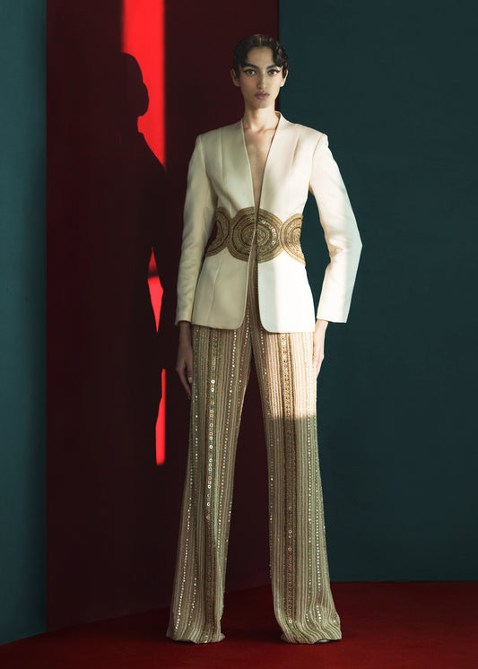 Beige Beaded Jacket and Pants