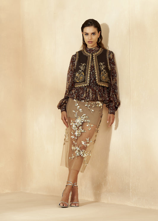 Floral Sequined Mesh Skirt