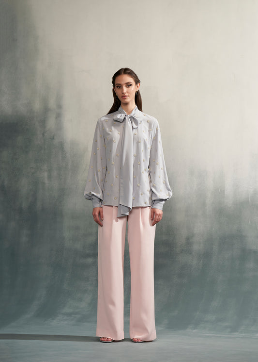 Embroidered Bow Tie-Up Shirt