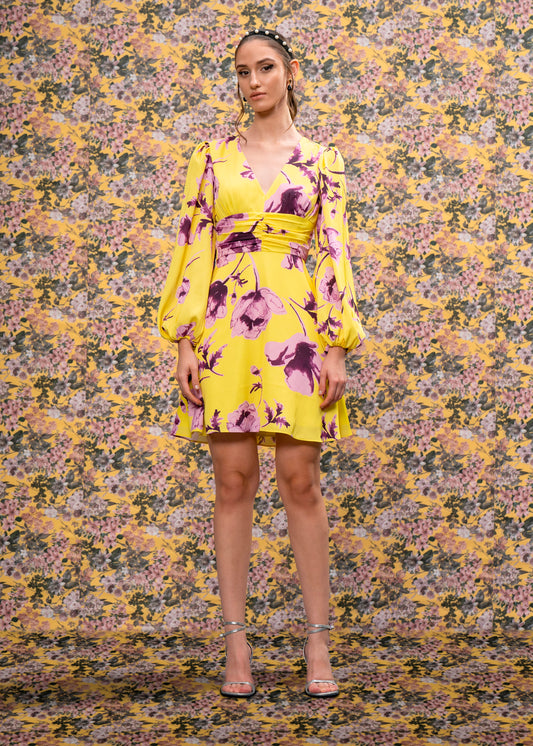 Yellow Printed Mini Dress