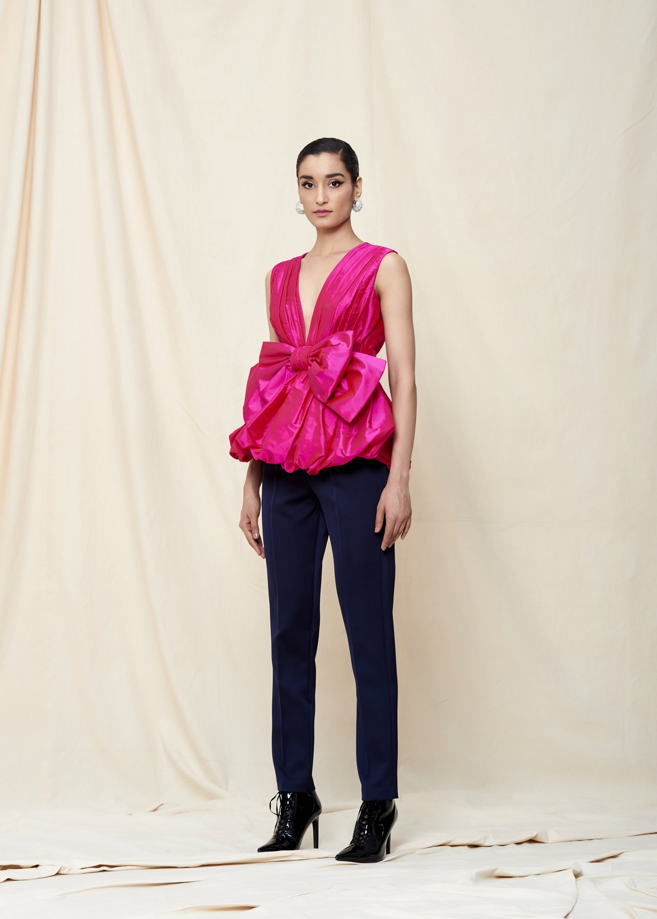 Silk Taffeta Draped Peplum Top