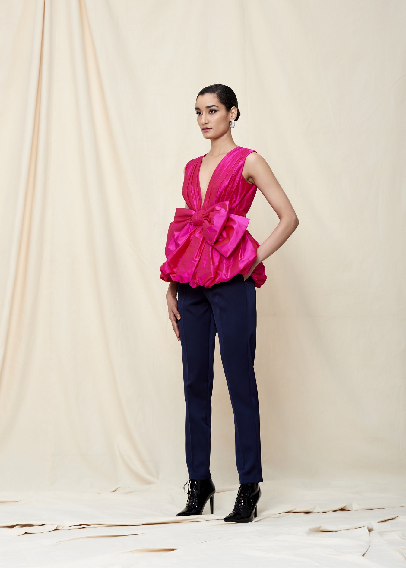 Silk Taffeta Draped Peplum Top