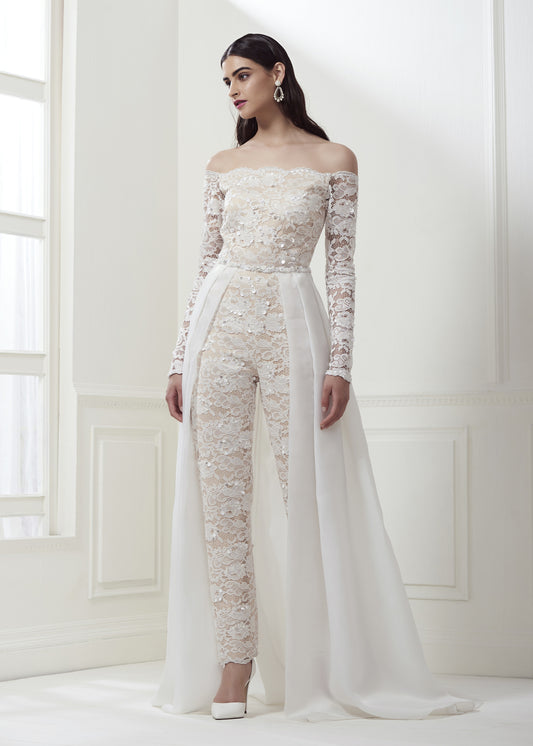 Embellished Bridal Jumpsuit With Overskirt