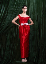Off-Shoulder Satin Gown With Contrast Bow Detail