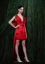 Embroidered Satin Mini Dress With Sash Detail