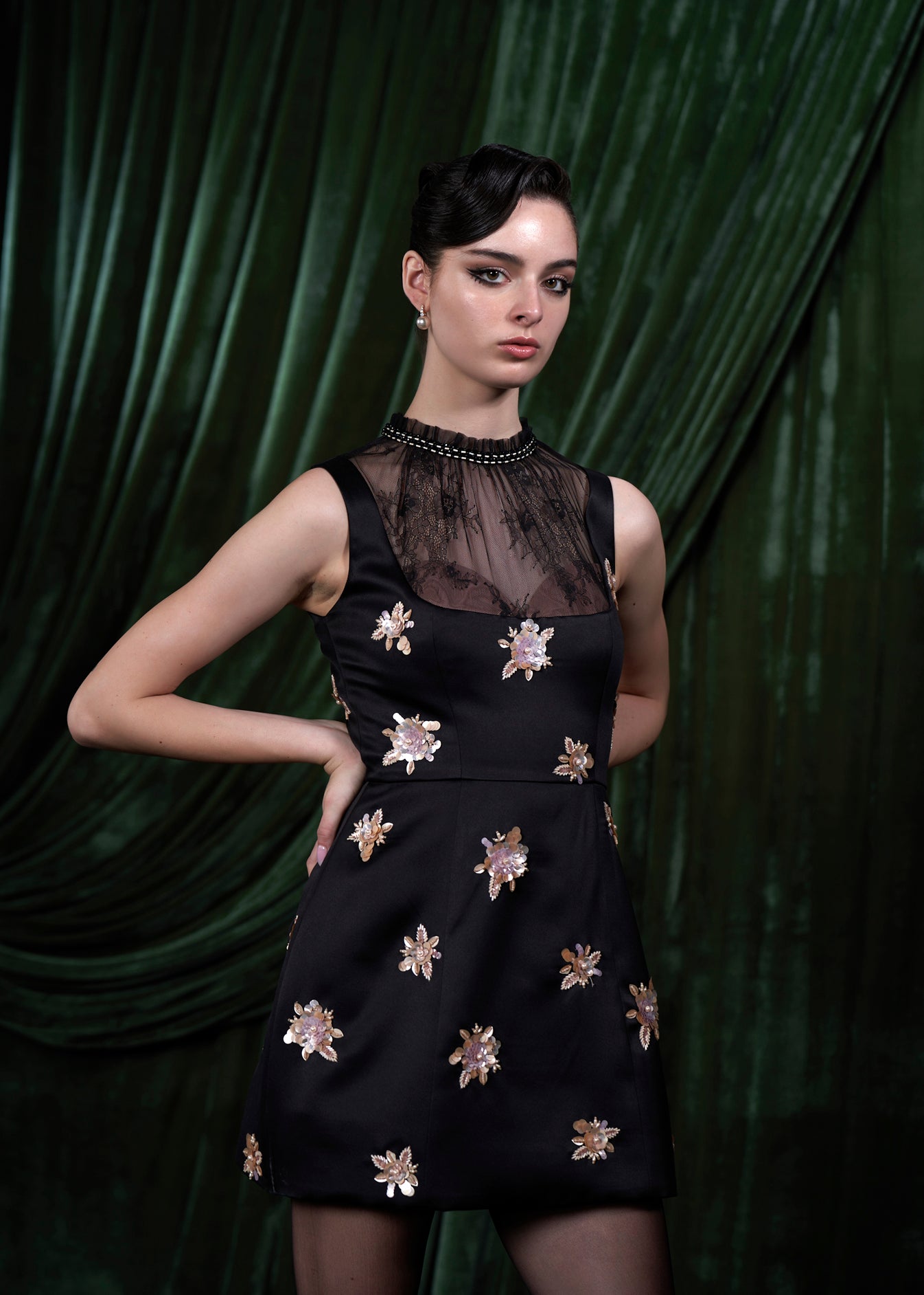 Floral Embroidered Mini Dress With Sheer Lace Yoke