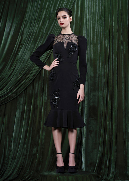 Embellished Lace Yoke Midi Dress With Flounce Hem