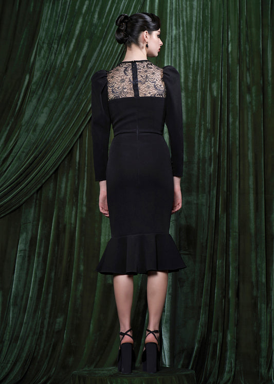 Embellished Lace Yoke Midi Dress With Flounce Hem