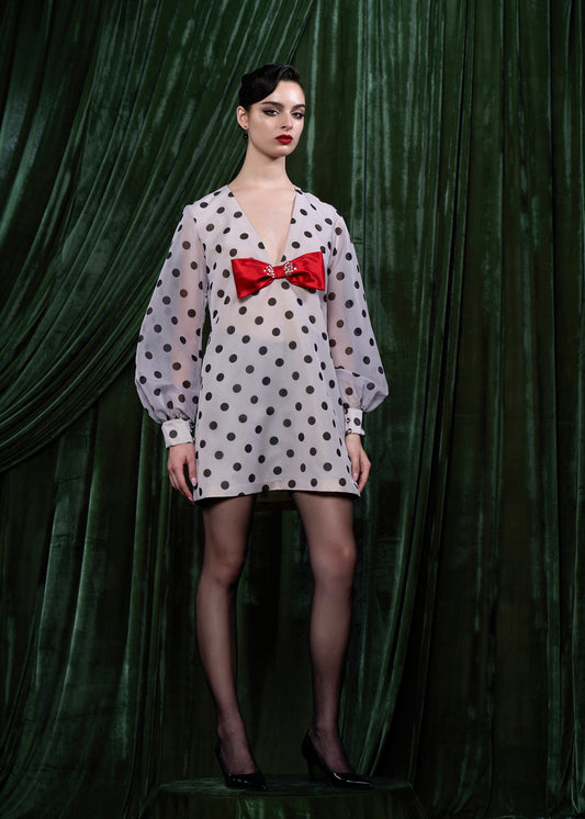 Polka Dot  Mini Dress With Bow