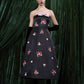 Strapless Embroidered Floral Satin Gown With Contrast Bow