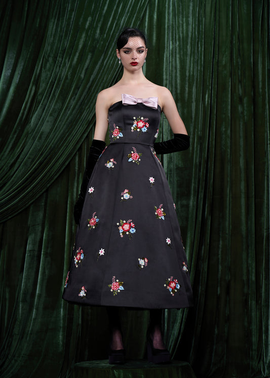 Strapless Embroidered Floral Satin Gown With Contrast Bow
