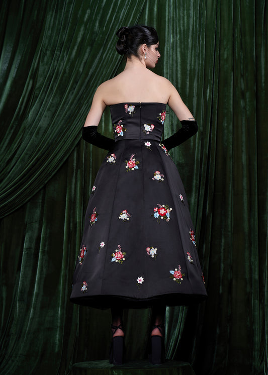 Strapless Embroidered Floral Satin Gown With Contrast Bow