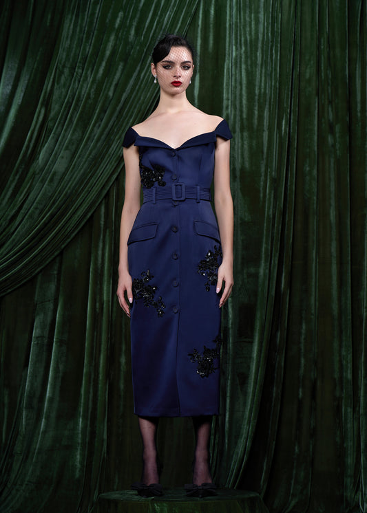Off-Shoulder Embellished Button-Front Satin Midi Dress