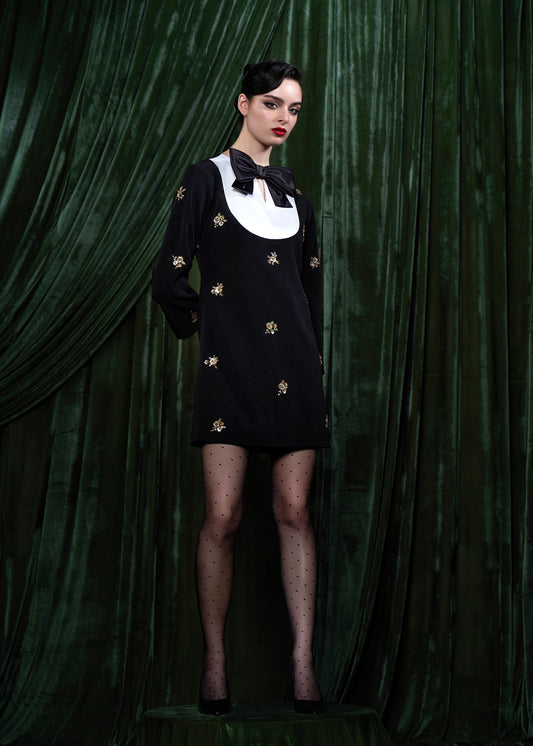 Embroidered Mini Dress With Contrast Yoke And Bow Detail