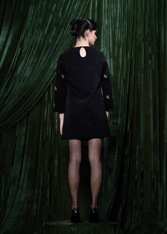 Embroidered Mini Dress With Contrast Yoke And Bow Detail
