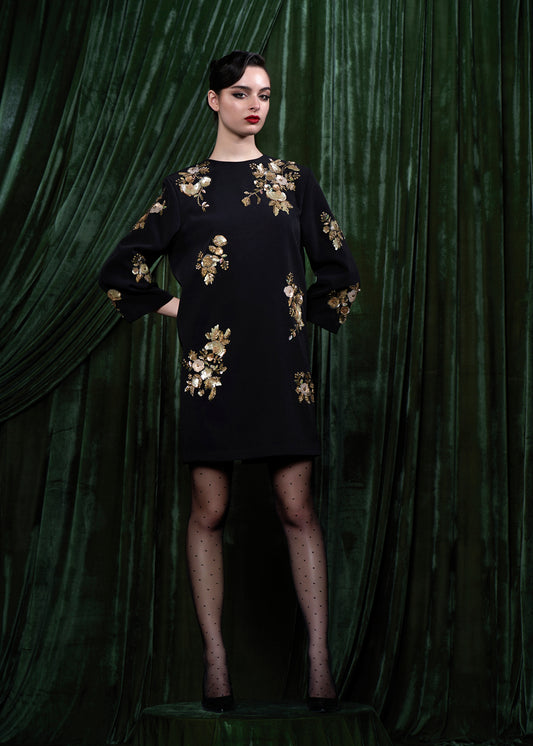 Gold Floral Embroidered Long Sleeve Mini Dress