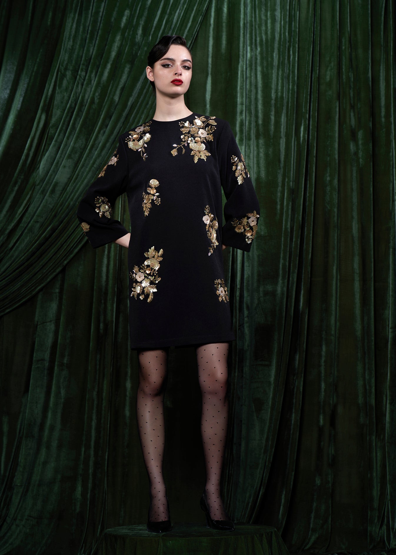 Gold Floral Embroidered Long Sleeve Mini Dress
