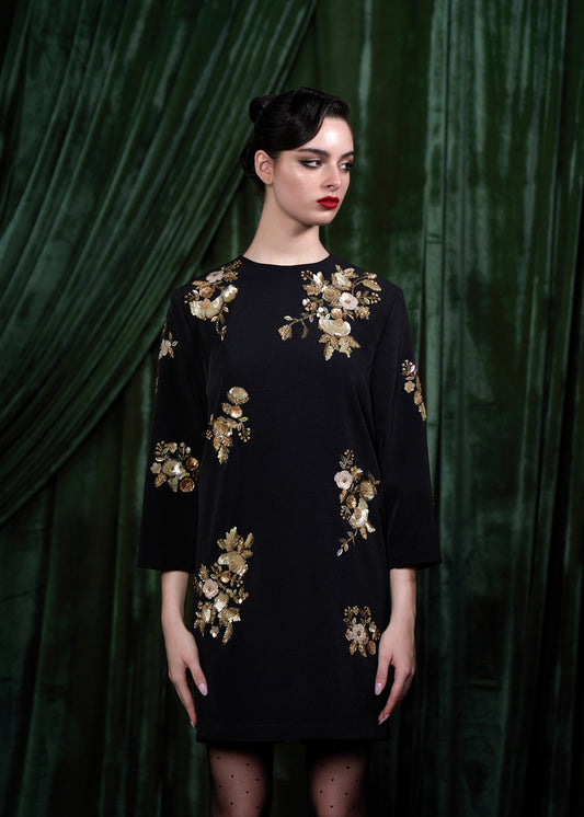 Gold Floral Embroidered Long Sleeve Mini Dress