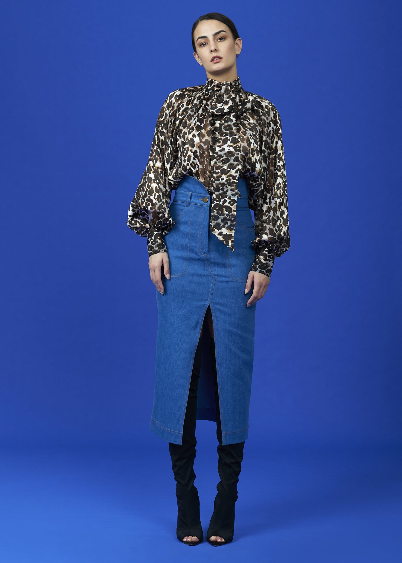 Scarf Shirring Leopard Print Blouse