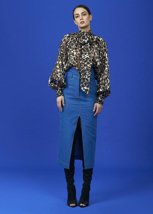 Scarf Shirring Leopard Print Blouse