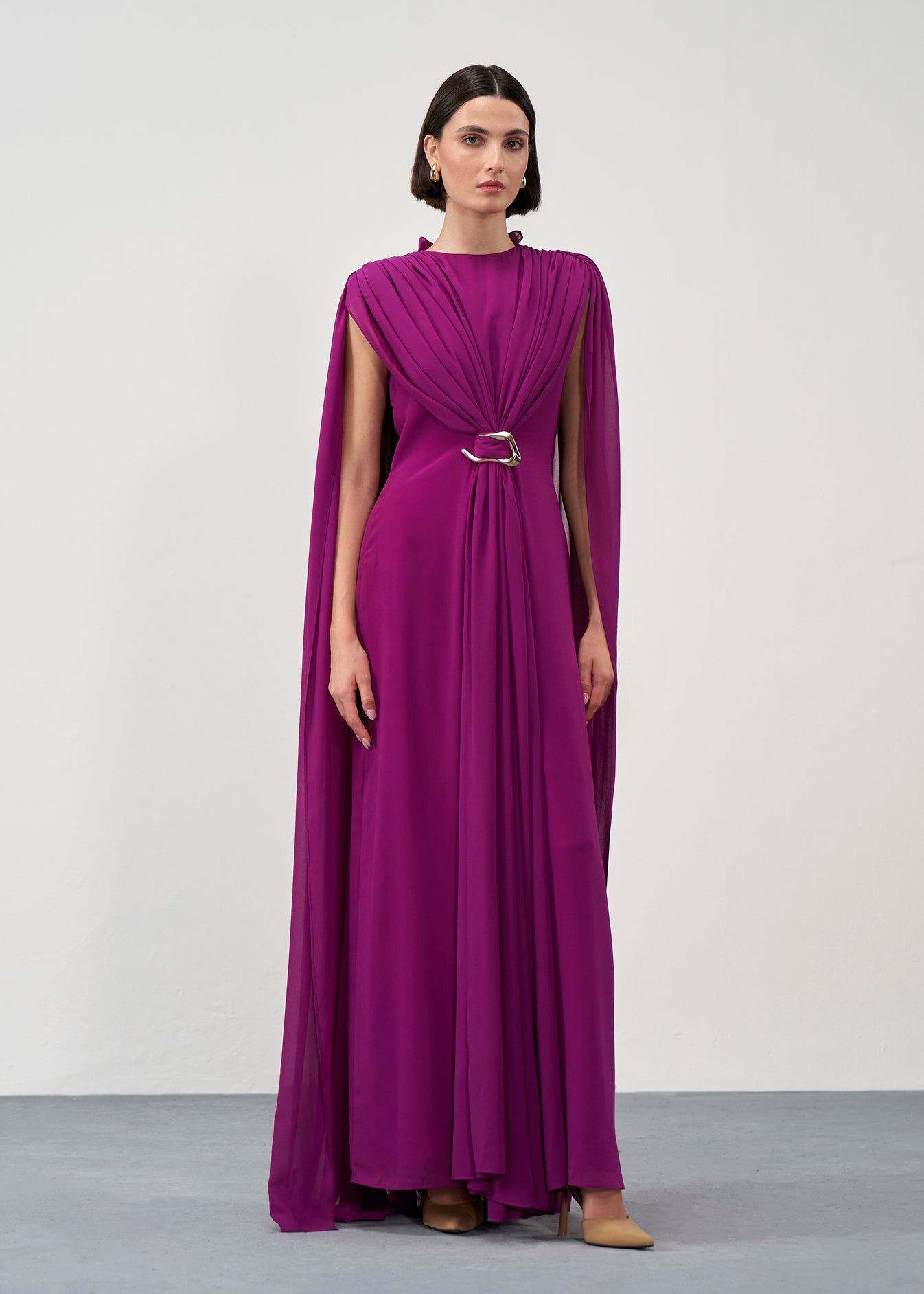 Cape-Sleeve Belted Gown