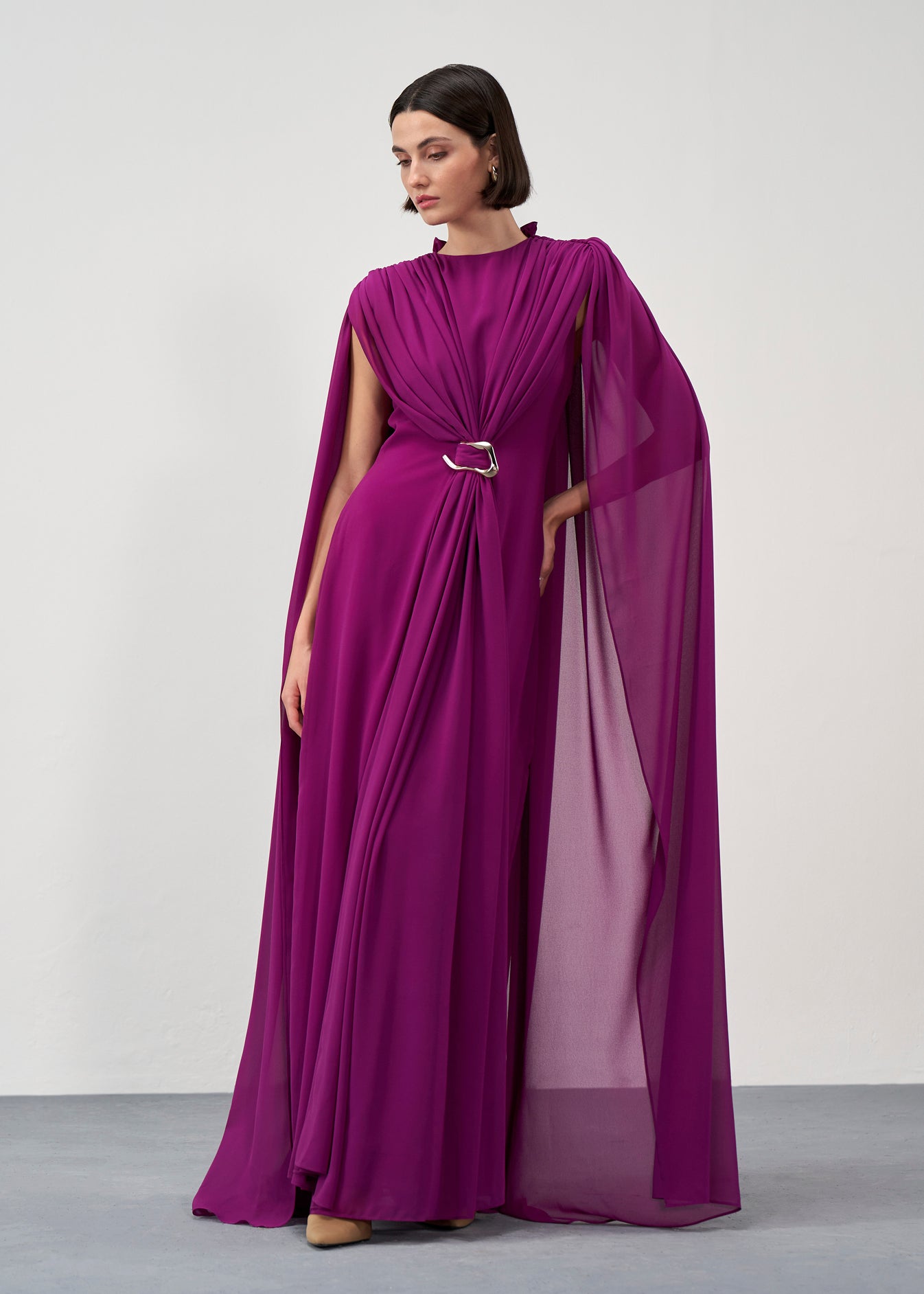 Cape-Sleeve Belted Gown