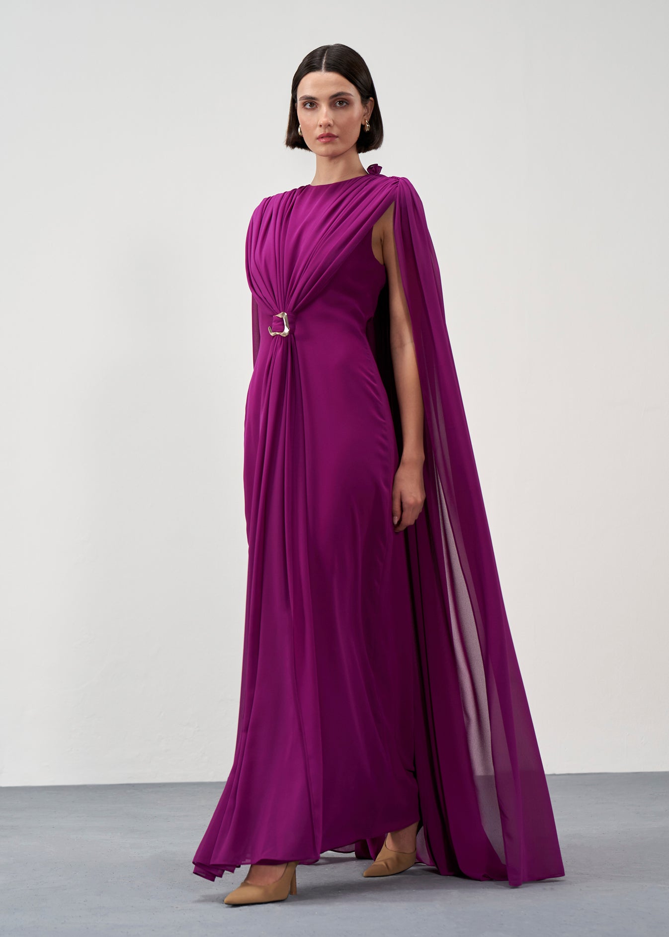 Cape-Sleeve Belted Gown