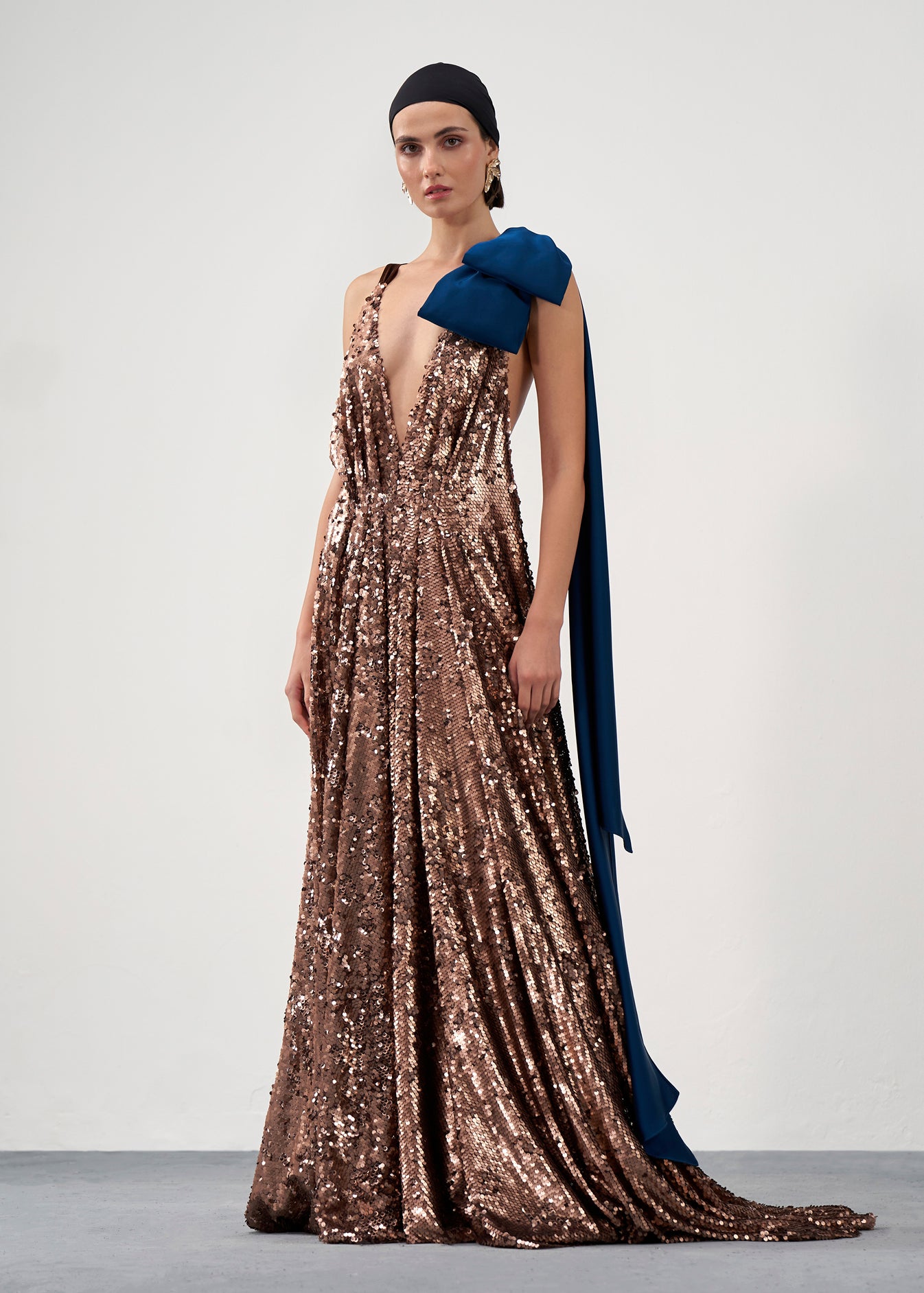Bow-Shoulder Sequin Gown