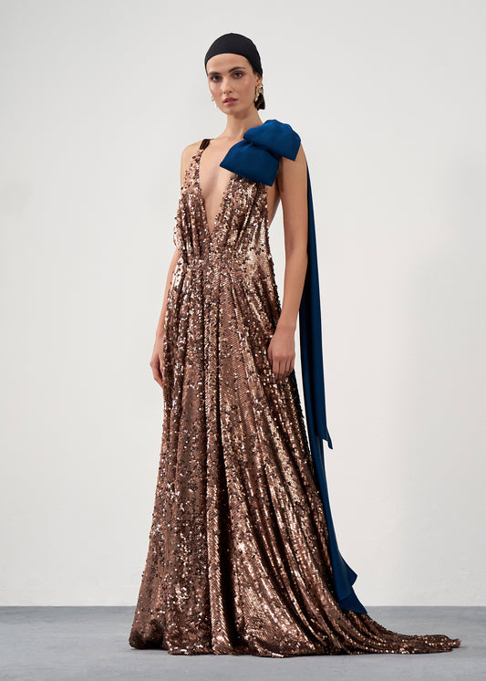Bow-Shoulder Sequin Gown
