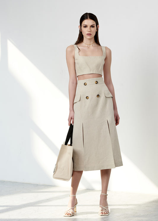 Beige High Waisted Flared Skirt With Slits