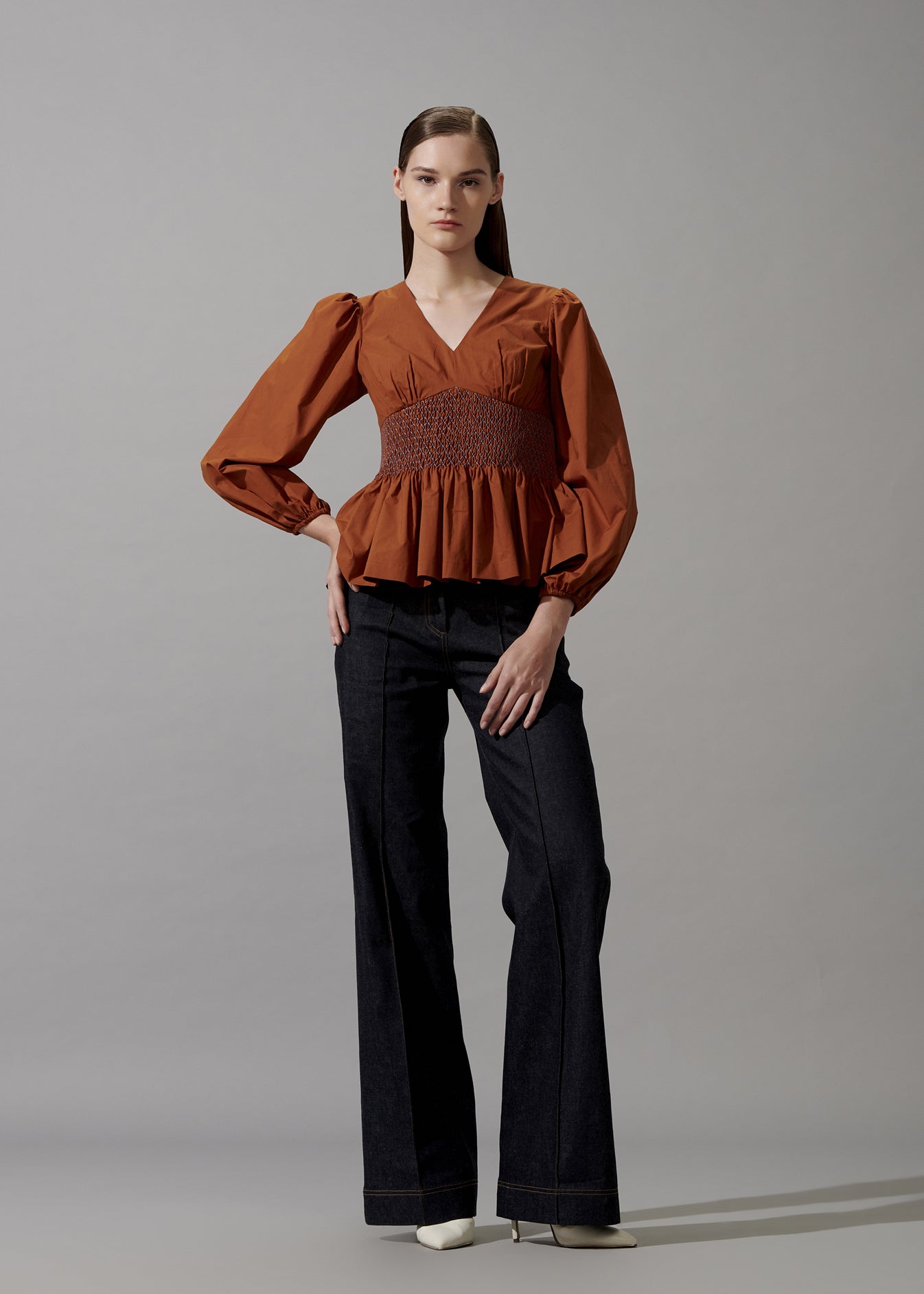 V Neck Blouse With Smocked Waist