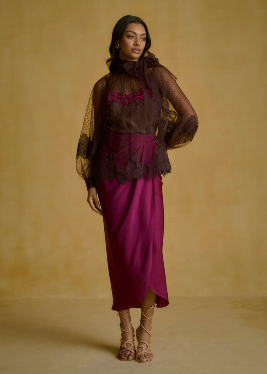 Lace Sheer Blouse with Embellished Camisole Top