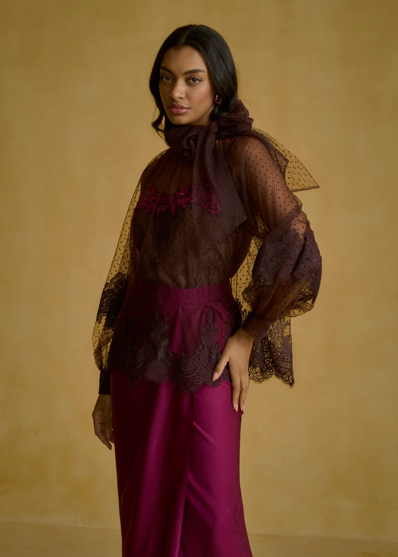 Lace Sheer Blouse with Embellished Camisole Top