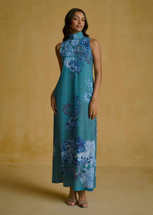 Teal Blossom Halter Neck Dress