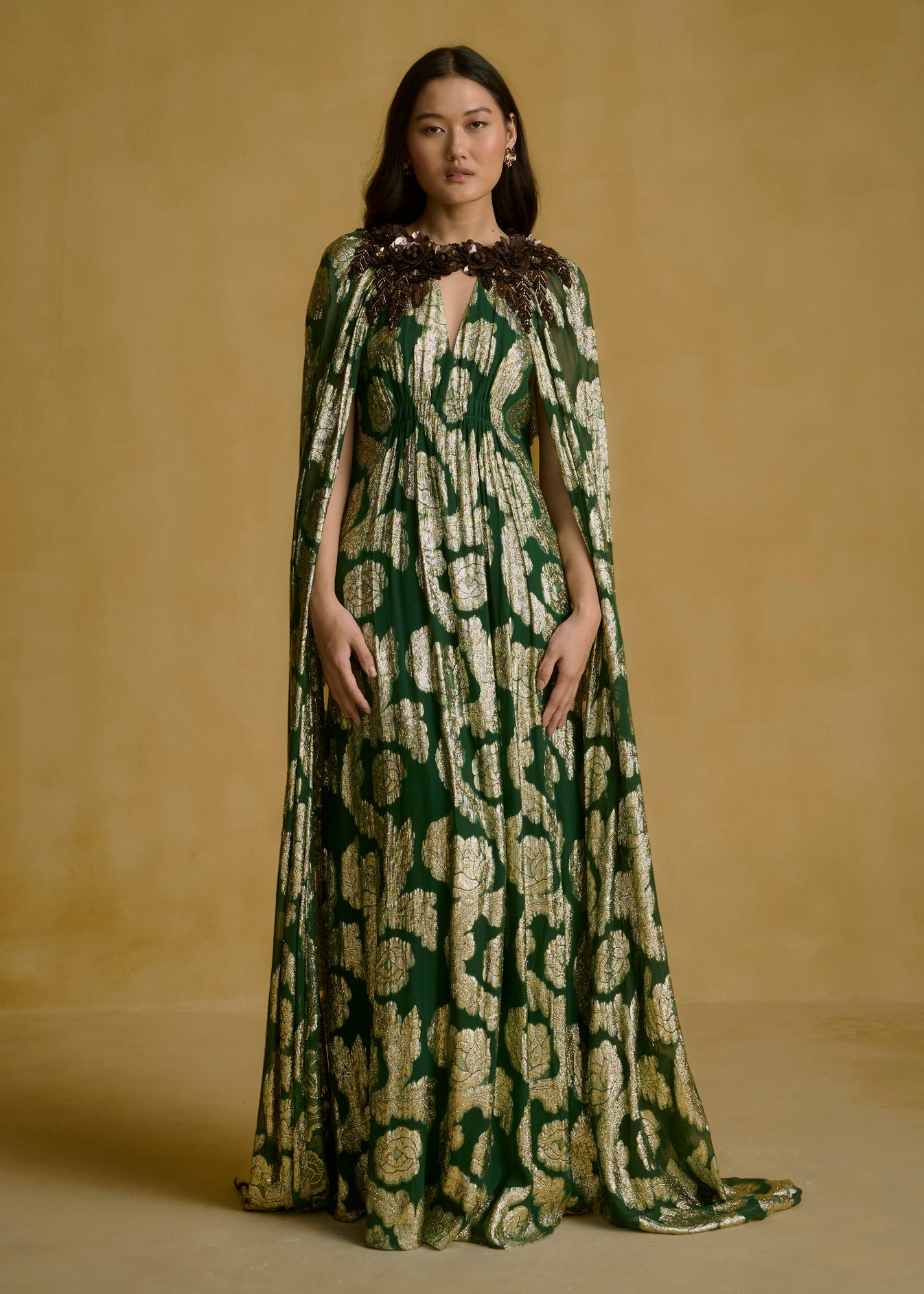 Cape Dress with Embroidered Neck