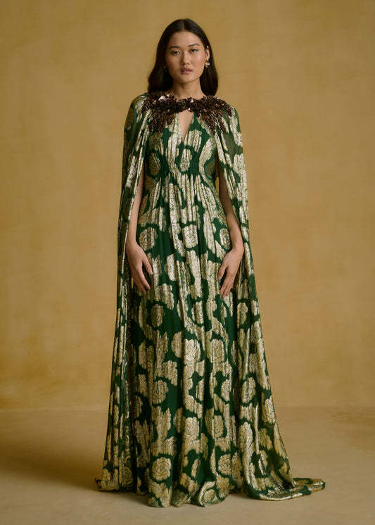 Cape Dress with Embroidered Neck