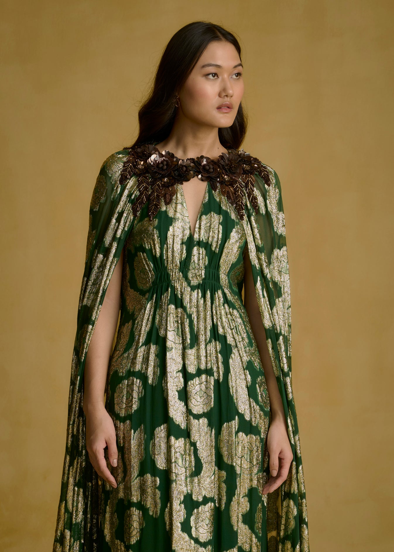 Cape Dress with Embroidered Neck