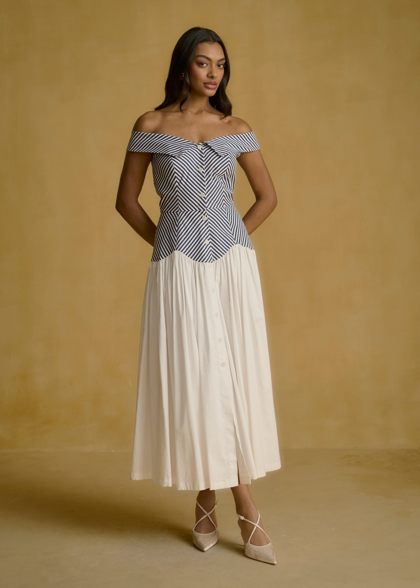 Off-Shoulder Striped Bodice Dress With Fluid Ivory Skirt
