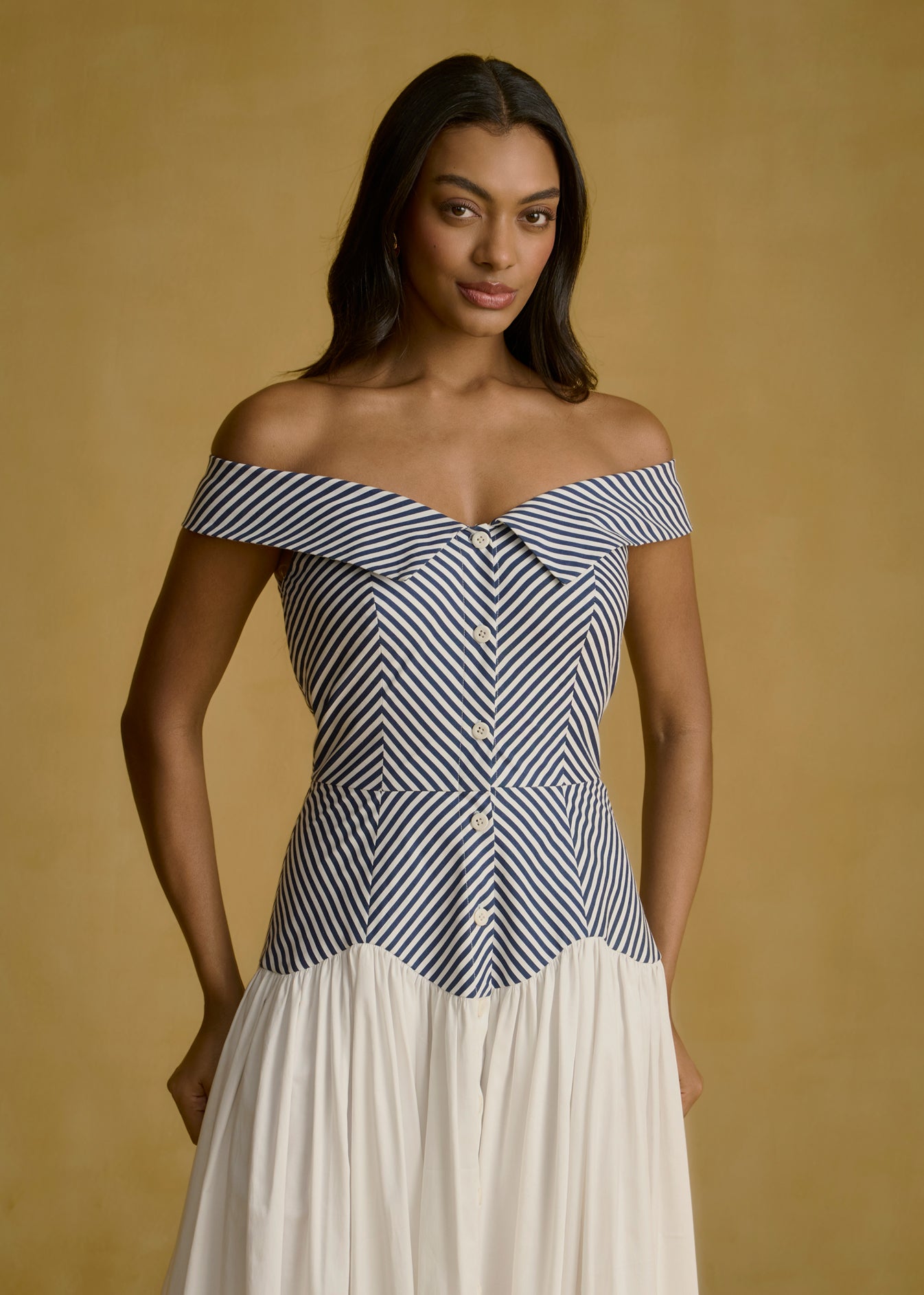 Off-Shoulder Striped Bodice Dress With Fluid Ivory Skirt