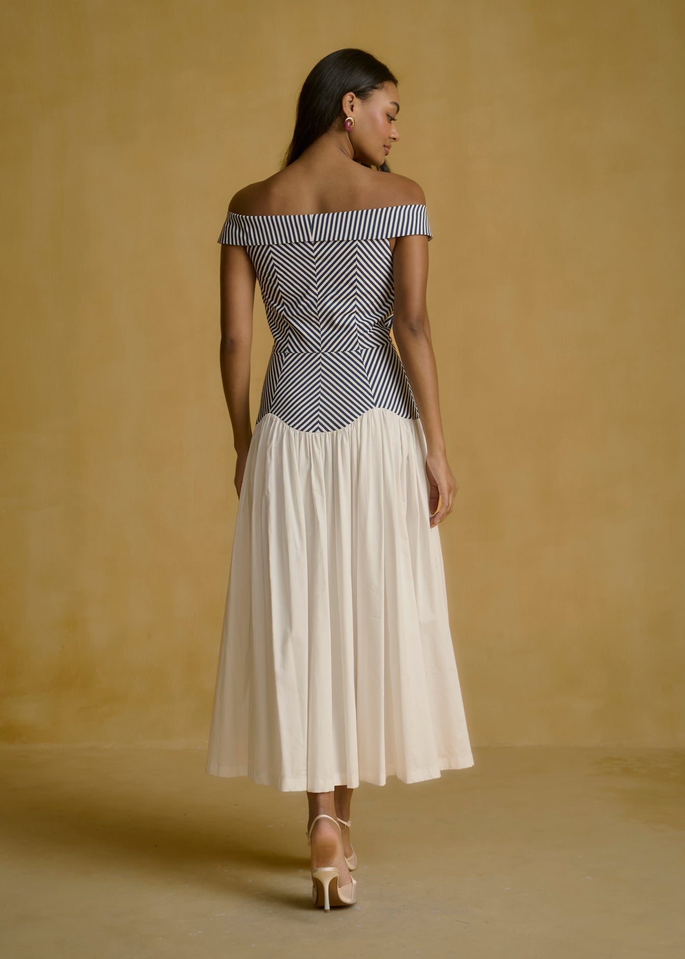 Off-Shoulder Striped Bodice Dress With Fluid Ivory Skirt