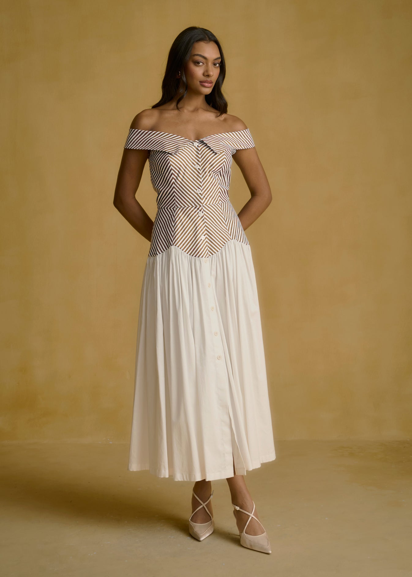 Off-Shoulder Striped Bodice Dress With Fluid Ivory Skirt