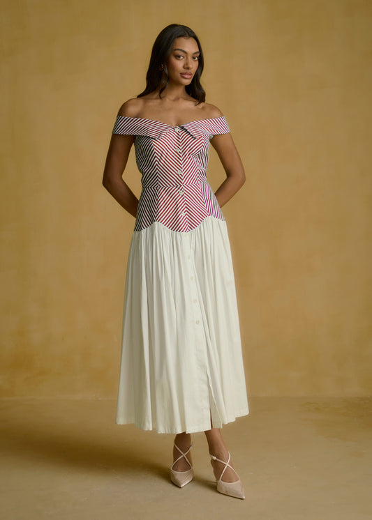 Off-Shoulder Striped Bodice Dress With Fluid Ivory Skirt