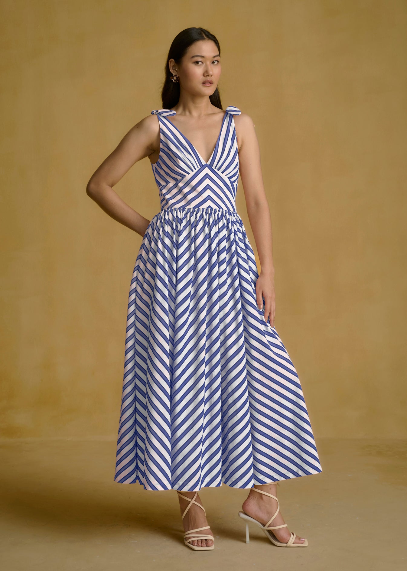 Pink Striped Midi Dress With V Neck