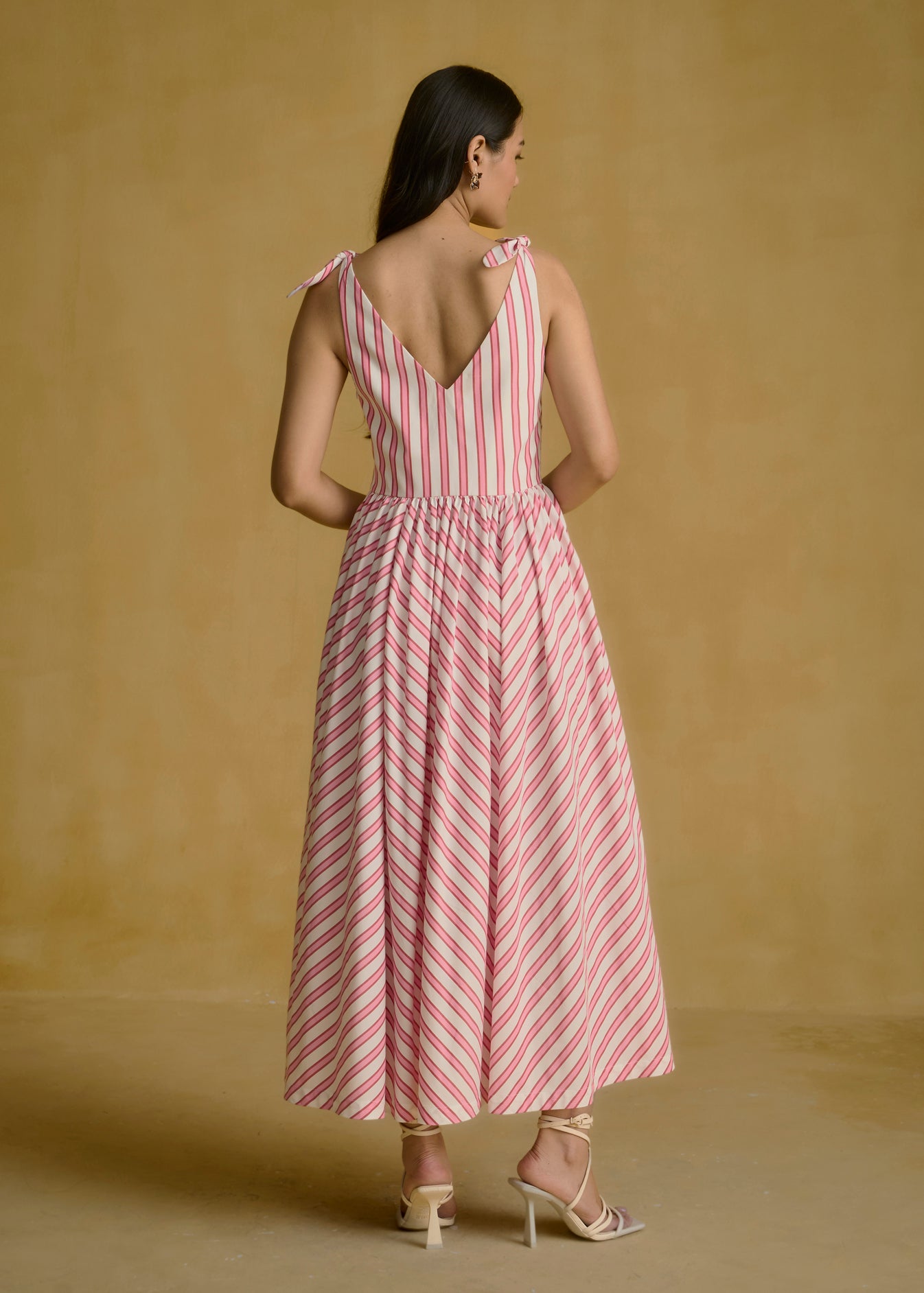 Pink Striped Midi Dress With V Neck