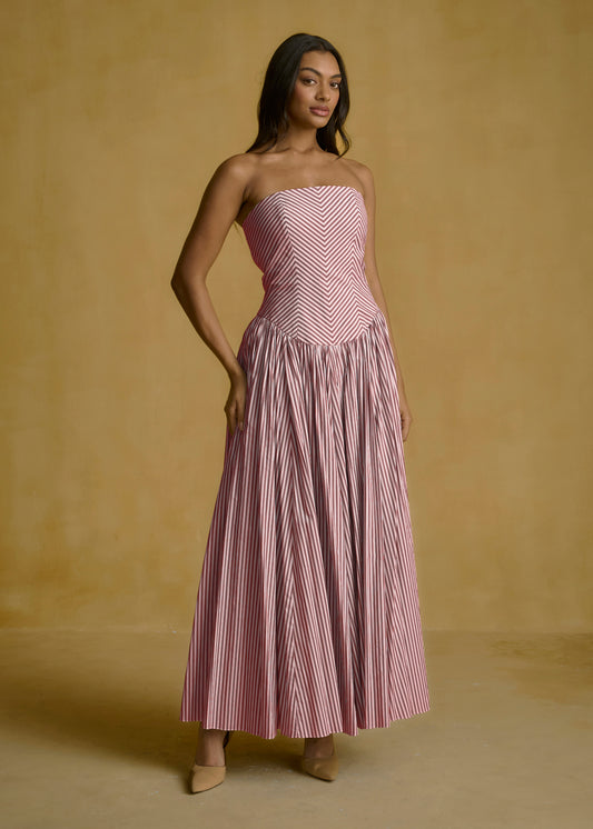 Strapless Striped Corset Dress With  Pleated Skirt