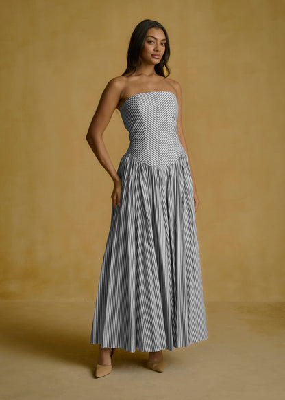 Strapless Striped Corset Dress With  Pleated Skirt