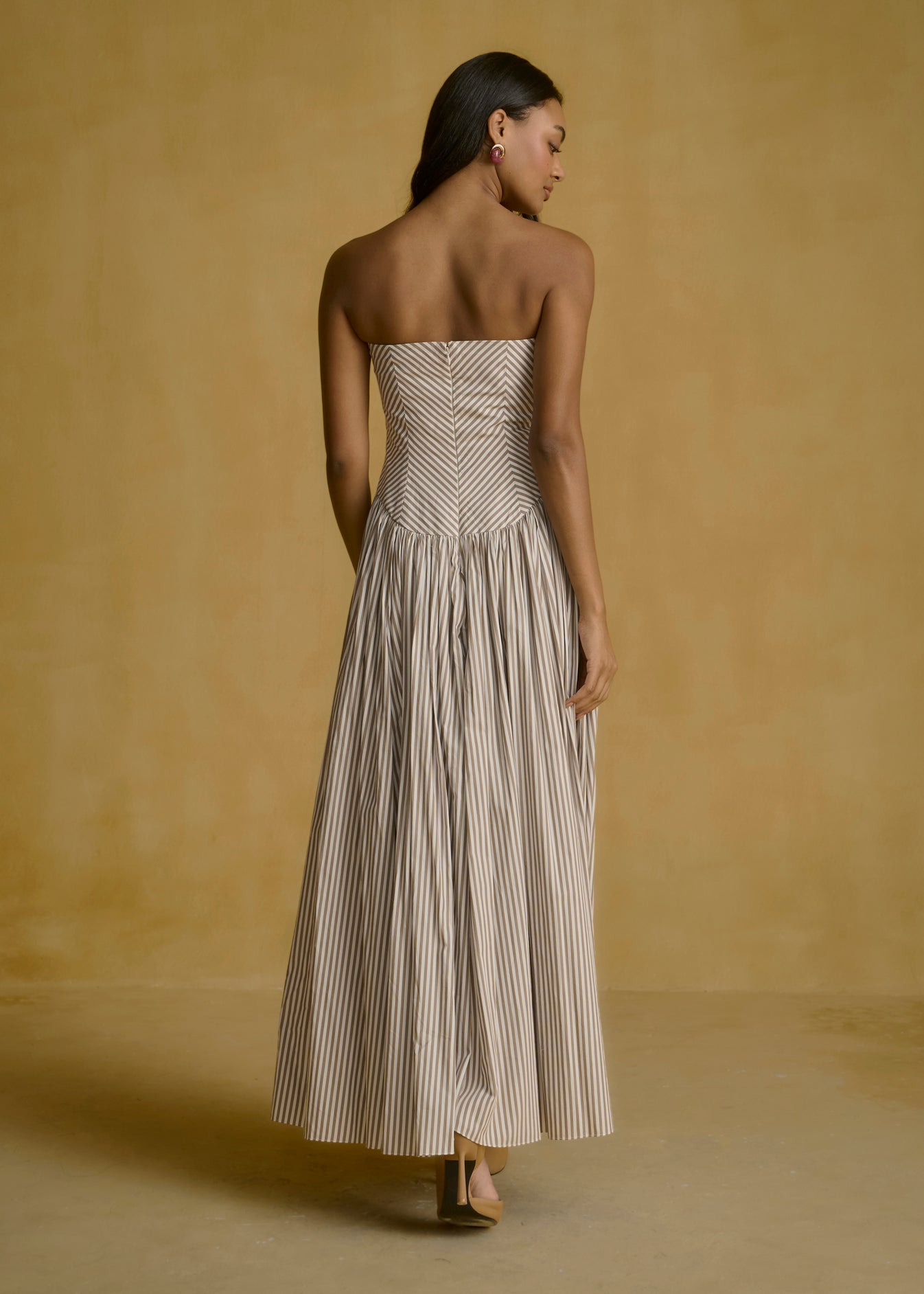 Strapless Striped Corset Dress With  Pleated Skirt