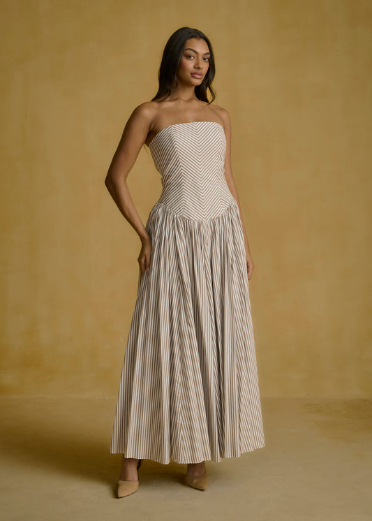 Strapless Striped Corset Dress With  Pleated Skirt