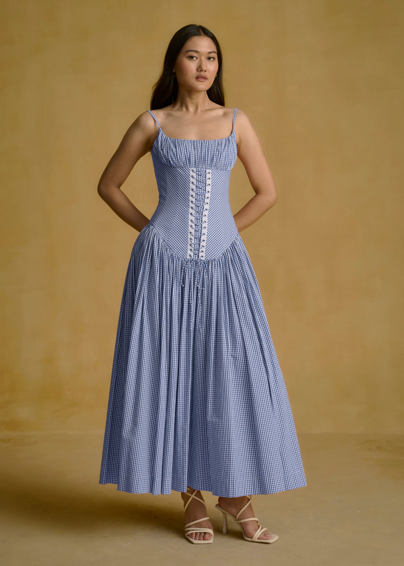 Gingham Corset Midi Dress With Lace-Up Detailing